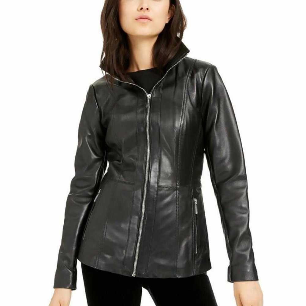 MICHAEL KORS Womens Leather Zip Up Scuba Jacket, BLACK, XS MSRP:$450.00